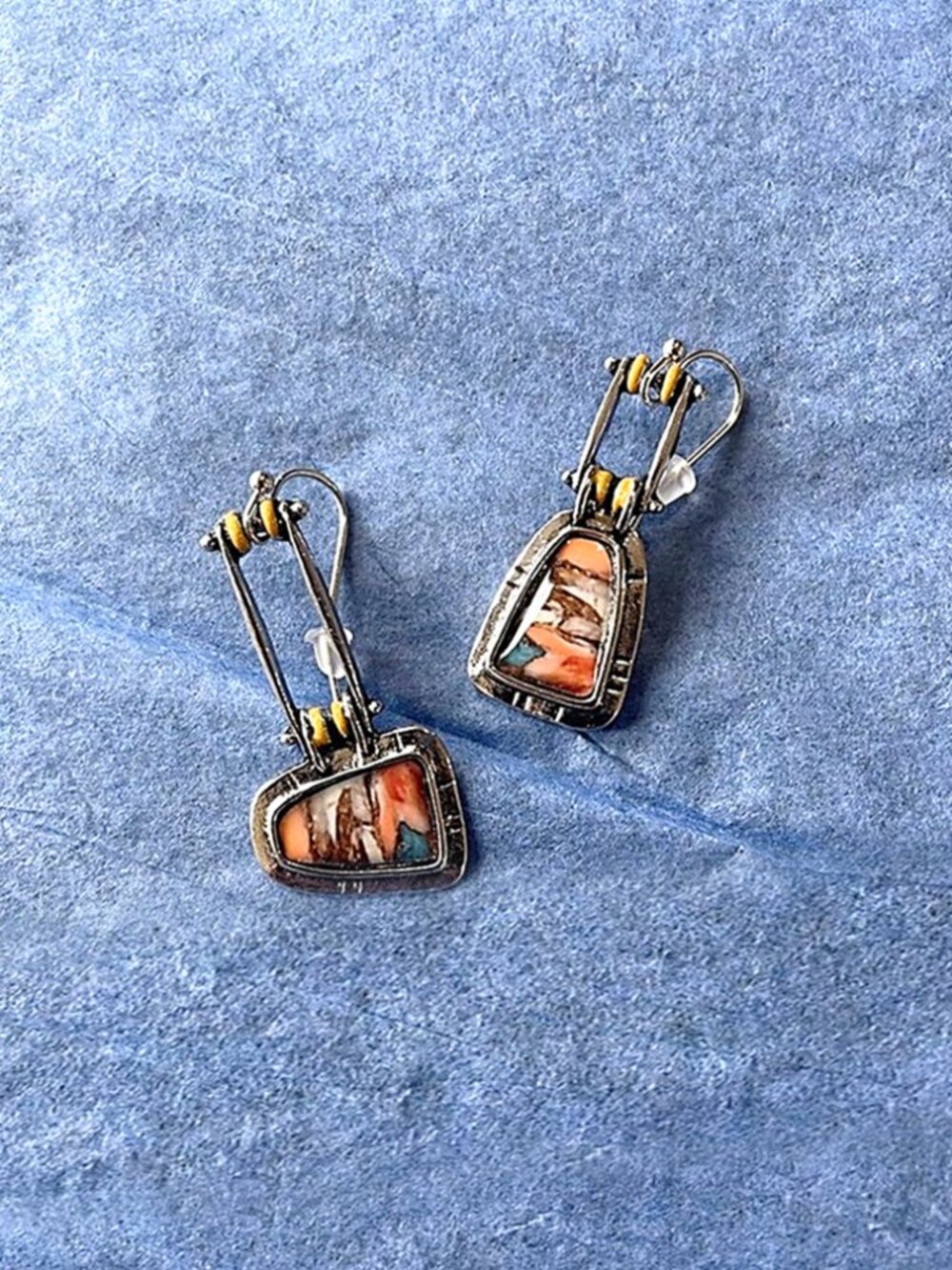 Mosaic Inlay Geometric Dangle Earrings - Colorful Boho Statement Pieces